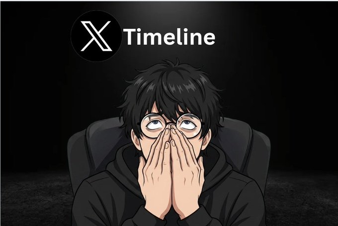 An illustration of an anime-style young man with black hair and round glasses covering his face with his hands in shock, with the X (Twitter) logo and 'Timeline' text displayed above him on a black background.