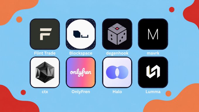 Display of eight app icons arranged in two rows on a colorful background, labeled: 'Flint Trade', 'Blockspace', 'degenhook', 'mavrk', 'ctx', 'OnlyFren', 'Halo', and 'Lumma'.