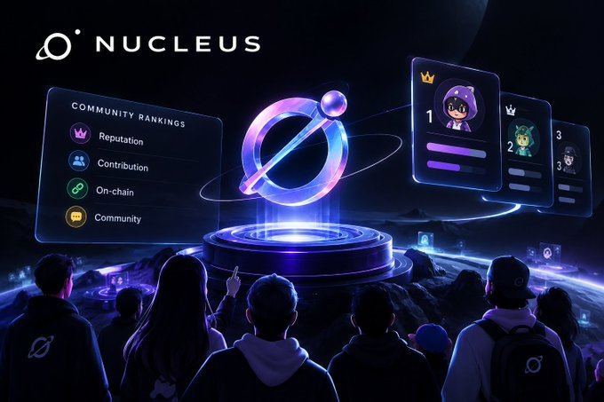 A promotional graphic for "NUCLEUS" displaying a futuristic ranking system with categories like Reputation, Contribution, On-chain, and Community, featuring a planet-themed central emblem.
