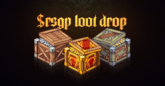Promotional graphic for a Cambria loot drop airdrop guide, featuring three pixel-art treasure chests and the text "$esgp loot drop" in gothic-style lettering. The image illustrates the claimable loot chests mentioned in the instructions to onboard via lobby.cambria.gg using code Amara.