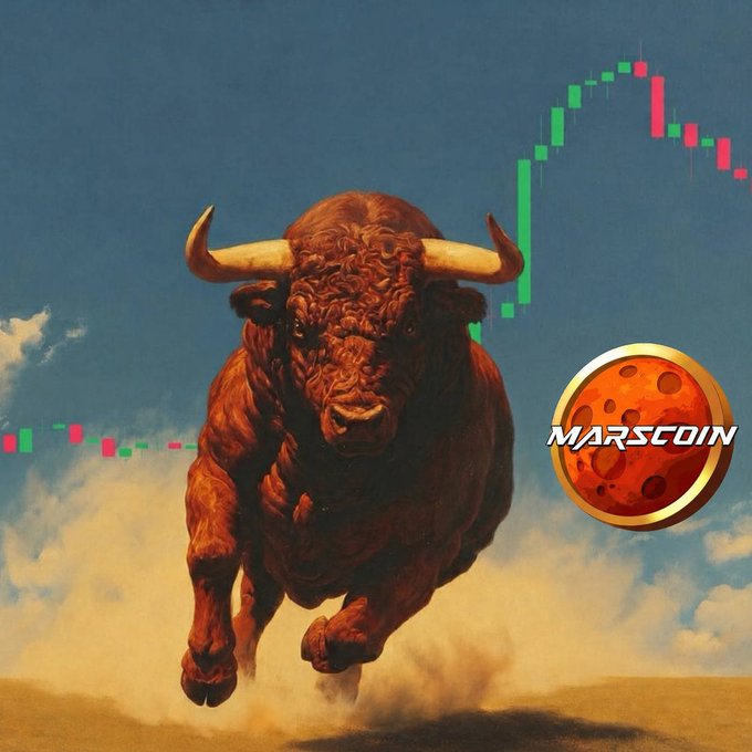 Digital artwork of a charging red bull with a candlestick chart in the background, alongside a logo for 'MARSCOIN' designed as a red planet.