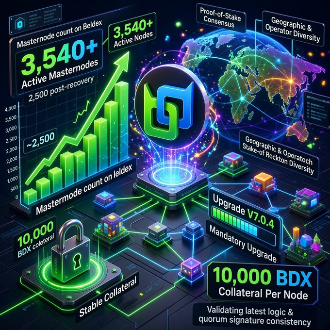 A complex cryptocurrency infographic highlighting stats for 'Beldex', including '3,540+ Active Masternodes', '10,000 BDX Collateral Per Node', and an 'Upgrade V7.0.4 Mandatory Upgrade'.