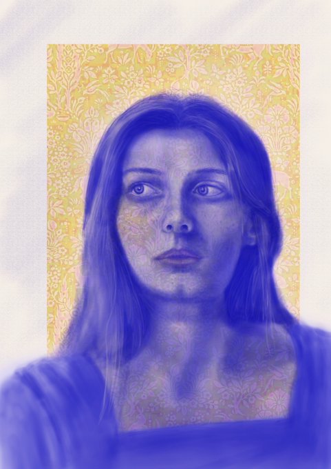 A stylized portrait of a woman is rendered in monochromatic purple tones against a textured, yellow-green patterned background.