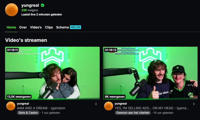 The image displays the Twitch channel page of streamer "yungreal" (33K followers), featuring two stream thumbnails: one showing him with a woman ("4AM AND A DREAM - Igamdom") with 13.5K viewers, and another with a woman wearing a black cap ("YES, I'M SELLING ADS... ON MY HEAD") with 6K viewers. The streams visually reflect his heartfelt message, showing him alongside his girlfriend and family members who have supported him through his recent $40,000 loss.