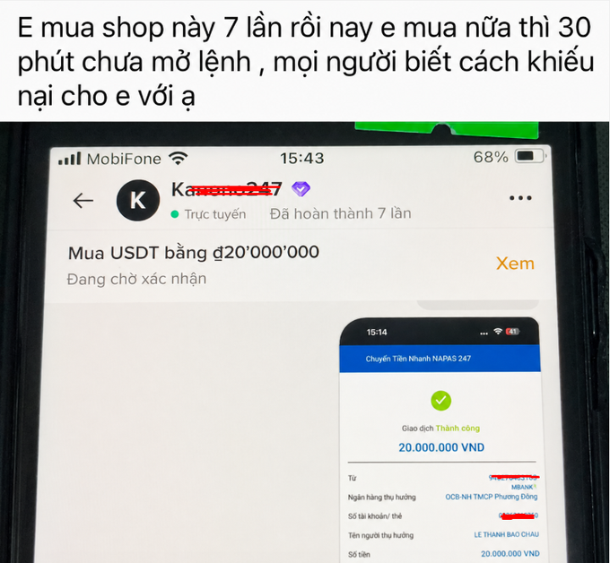 The image shows a Vietnamese customer's complaint about a delayed P2P USDT purchase of 20,000,000 VND from a shop they've used 7 times before, with the order still showing "Đang chờ xác nhận" (Waiting for confirmation) 30 minutes after the bank transfer was successful via NAPAS 247. The screenshot displays the MobiFone carrier signal at 15:43, 68% battery, and includes the merchant name "Katoshi247" with a verified badge and 7 completed transactions.