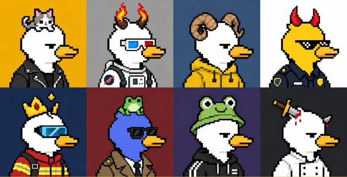 Eight pixel-art duck characters with various accessories like cat ears, horns, sunglasses, and a frog hat are displayed in a grid.