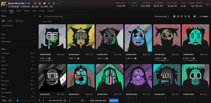 OpenSea NFT marketplace page for the 'Satari Must Die' collection, displaying pixel-art character avatars with floor price of 0.08 ETH, 12-floor index, and top offer of 0.07 ETH.