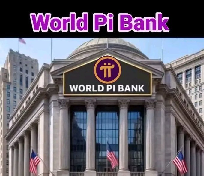 The image shows a grand classical-style bank building with columns and American flags, digitally overlaid with a "World Pi Bank" sign featuring the Pi Network logo. The text "World Pi Bank" appears prominently at the top in purple, visually tying into the Pi Network cryptocurrency branding by framing Pi as a global financial institution.