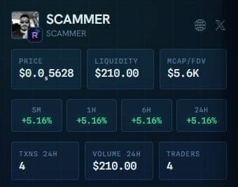 A screenshot of a cryptocurrency token page displays the token "SCAMMER" with a price of $0.0005628, a market cap of $5.6K, and a 24-hour gain of 5.16% across all timeframes, alongside low liquidity of $210 and only 4 traders. The image appears to support the post's allegation of fraud against someone named Huseyn by showcasing a suspiciously low-value "SCAMMER" token, seemingly meant to publicly label or mock the accused individual.
