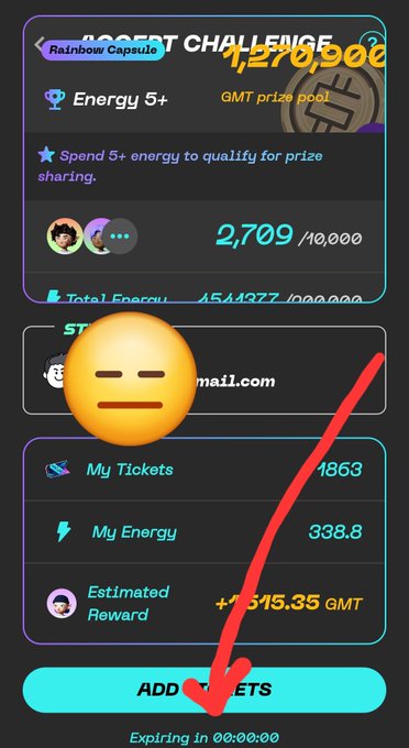 A GMT Rocket Challenge app interface displaying a 'Rainbow Capsule' prize pool of 1,259,530 GMT, with 2,709/10,000 participants, 1863 My Tickets, and 338.8 My Energy, highlighted by a red arrow pointing to the 'ADD TICKETS' button.