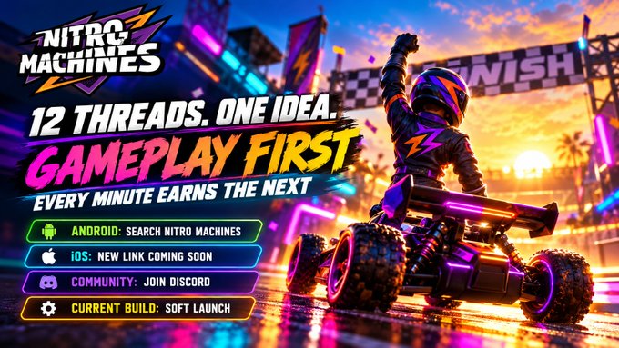 A promotional graphic for 'NITRO MACHINES' featuring a racing go-kart character with the text '12 THREADS. ONE IDEA. GAMEPLAY FIRST. EVERY MINUTE EARNS THE NEXT' and details for Android, iOS, Community, and Current Build.