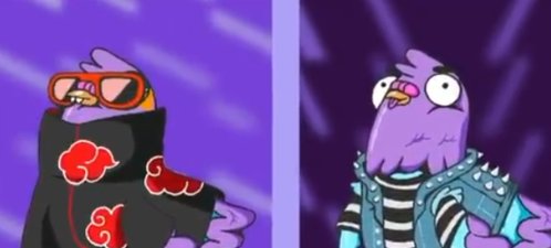 A side-by-side comparison of two cartoon bird characters on purple backgrounds, one wearing an Akatsuki-style black cloak with red clouds and orange goggles, and the other in a spiked blue vest with a striped shirt.