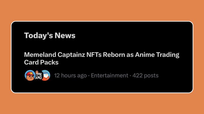 The image features a post from Memeland Captainz about their latest anime trading card game called @Memeland. The post includes a screenshot of the game's Twitter page, which has a post announcing that the game has reached #1 on the trending list. This indicates that people are enjoying the game and sharing it with others. The post also mentions that there are 12 hours ago entertainment value for this particular game.