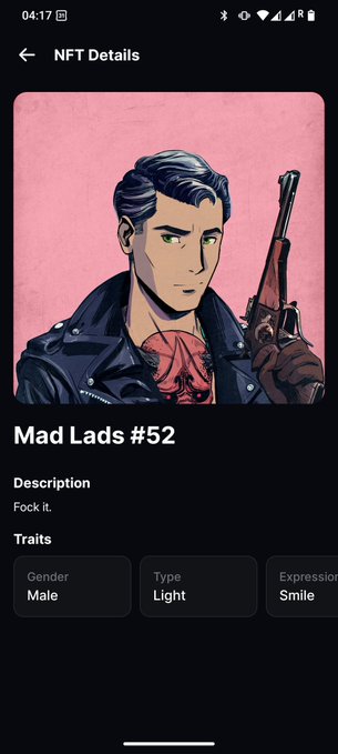 A mobile screenshot showing NFT details for 'Mad Lads #52' on a pink background, featuring a stylized male character holding a gun, with traits listed as Male and Light.