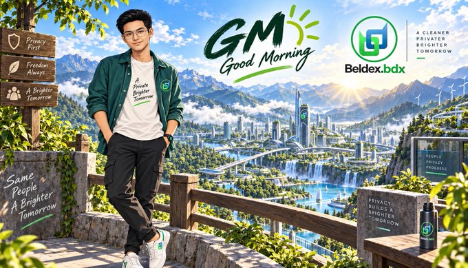 An AI-generated advertisement for 'Beldex.bdx' featuring a young man with 'Good Morning' text, promoting slogans like 'Privacy First', 'Freedom Always', and 'A Brighter Tomorrow' alongside a futuristic green cityscape.