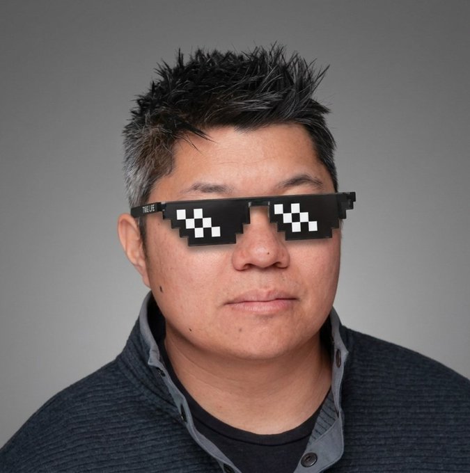 A man poses wearing pixelated "Deal With It" sunglasses with the word "THUGLIFE" visible on the temple, projecting a confident, playful "gmonad" vibe fitting the request to @monad and @keoneHD.