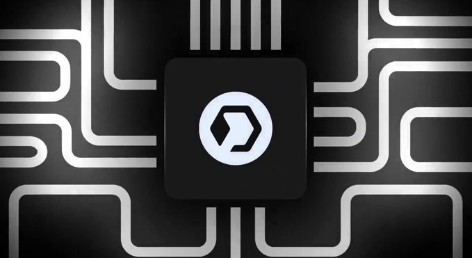 A digital graphic showing a stylized cryptocurrency or tech logo (a hexagonal shape with a play/arrow icon) on a black square, set against a background of white circuit board patterns.