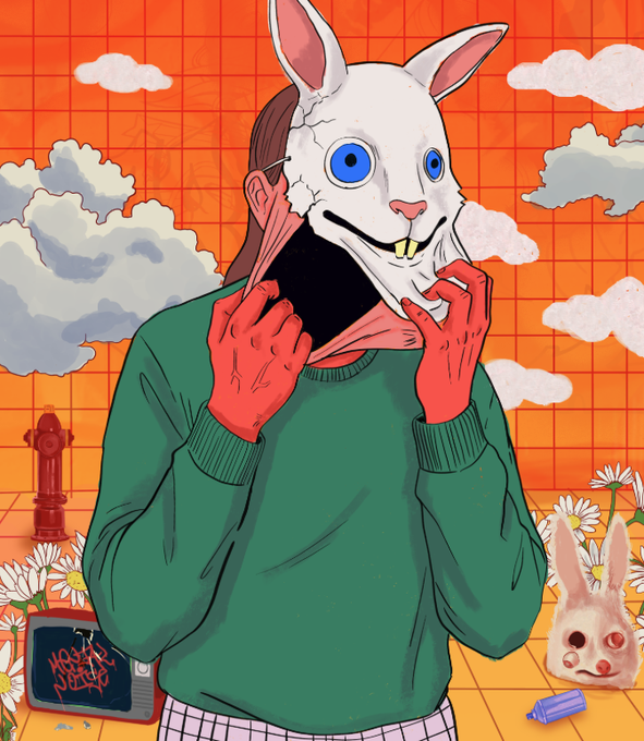 A colorful, surreal digital illustration of a person in a green sweater wearing a cracked white rabbit mask with blue eyes, set against an orange grid background with clouds and flowers.
