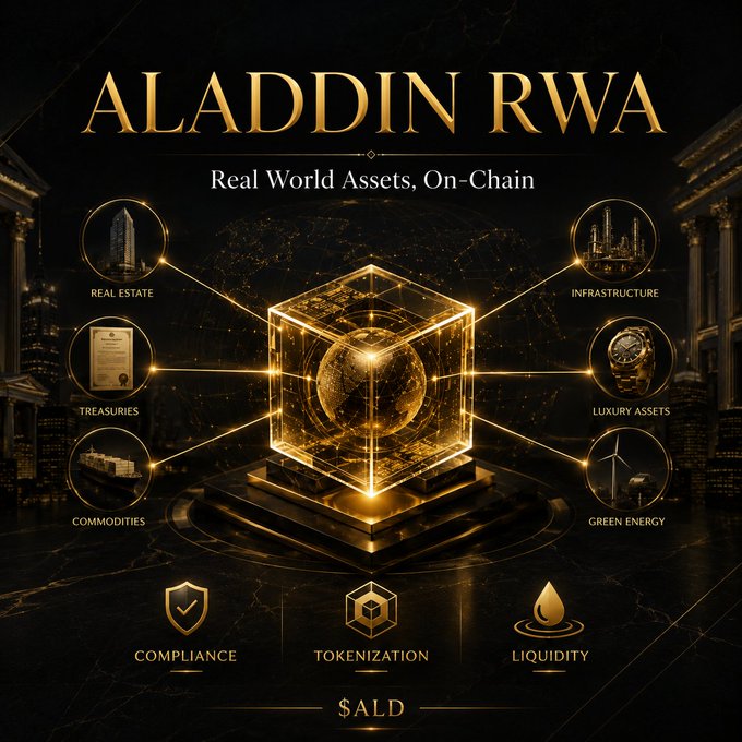 The image is a promotional graphic for "ALADDIN RWA" with the tagline "Real World Assets. On-Chain," featuring a central glowing gold cube surrounded by icons representing asset categories like Real Estate, Infrastructure, Treasuries, Luxury Assets, Commodities, and Green Energy, anchored by the pillars of Compliance, Tokenization, and Liquidity under the ticker $ALD. It visually reinforces the post's point that Aladdin RWA aims to bridge off-chain assets, compliance frameworks, and on-chain liquidity into a unified, one-stop RWA solution.