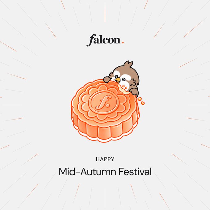 A festive 'Happy Mid-Autumn Festival' illustration by falcon featuring an owl mascot on top of an orange mooncake with an 'f' emblem.