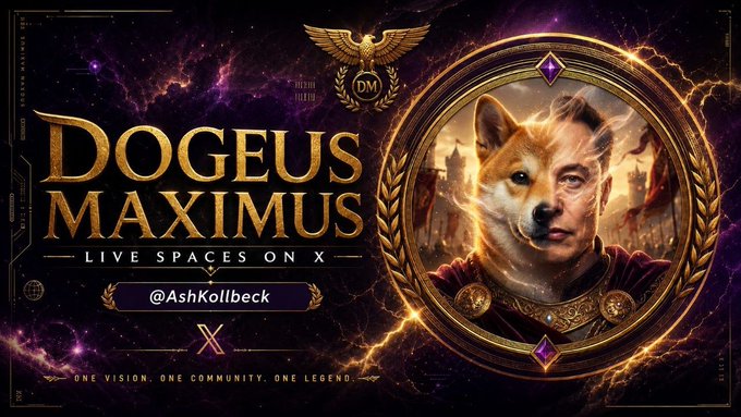 The image features a poster for a show called "DOGEUS MAXIMUS" with a man's face on it, surrounded by stars and planets. The poster also includes text that reads "Live Spaces On X", which suggests that this is an event or performance related to the show. The post has been tagged with multiple accounts such as AshKollbeck, @ballsdeepindoge, @cb_doge, @0xBenji, and @0x0.