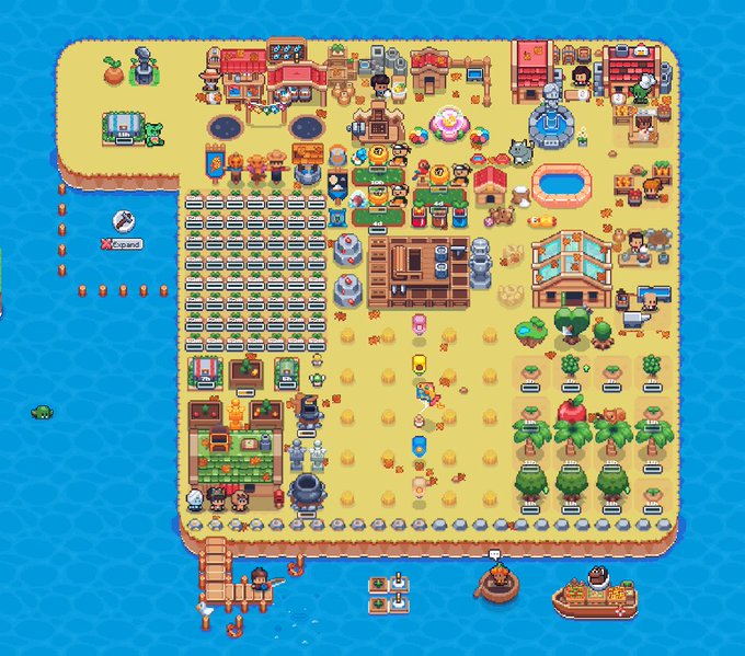 The image features a detailed map of a beach town, showcasing various elements such as buildings, boats, and people enjoying their time by the water. The main focus of the image is a large island with a sandy beach area surrounded by blue waters. There are several boats scattered around the island, indicating that it serves as a popular spot for boating activities.

In addition to the boats, there are numerous buildings situated throughout the town, including residential and commercial structures. The layout of the town appears well-planned, with each building placed strategically near the water's edge or on the sandy beach area. This creates an inviting atmosphere for both residents and visitors who wish to relax by the ocean or explore the island.