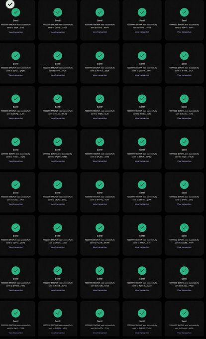 The image displays a grid of multiple confirmation notifications, each showing a green checkmark and text stating "100000 $KOMA was successfully sent to [various Solflare, Binance, and Exodus wallet addresses] - Tx: [transaction hash]." This appears to be evidence posted to support the post's claim of an airdrop, showing numerous $KOMA token transfers to various Solana wallets, likely to lend false credibility to the promise of $77 being distributed to the first 500 wallets—a common tactic in crypto giveaway scams.