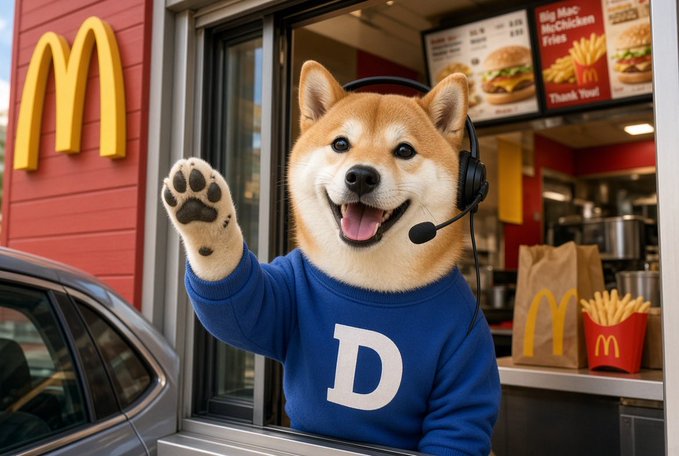 A Shiba Inu dog wearing a blue 'D' sweater and a headset, waving from a McDonald's drive-thru window with menu items visible in the background.