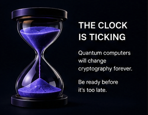 The post focuses on Quantum computers, discussing how they will change cryptography forever due to their rapid development. It emphasizes the need for users to be ready before it's too late. The central focus of this message is a clock made out of sand or grains that illustrates the idea of time being valuable and fleeting when dealing with such rapidly advancing technologies.