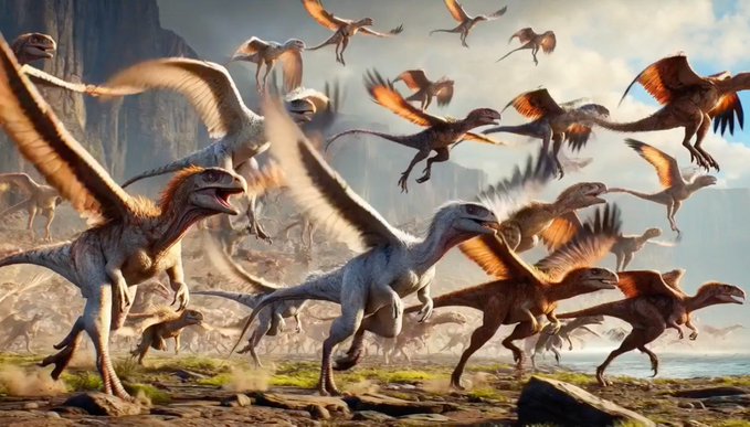 A digital artwork depicts a large group of feathered dinosaurs, resembling raptors, in motion across a rocky landscape.