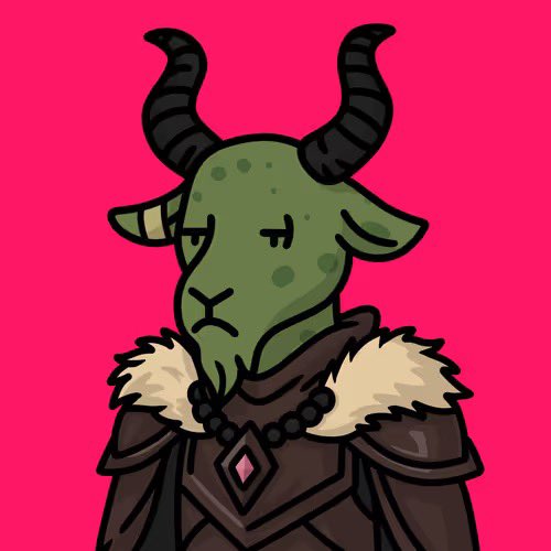A cartoon illustration of a green goat or ram character with black horns, wearing dark armor with a fur collar and a beaded necklace, set against a bright pink background.