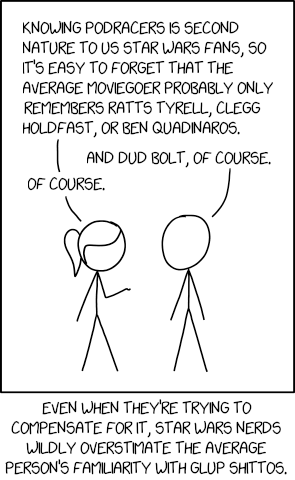 The image features a cartoon drawing of two people talking, with one person holding a sign that says "Knowing Podracer is second nature to us Star Wars fans, so its easy to forget that the average movie reviewer ratings only rarely remember the names Ben Quaidinars, Clogg Holdfast or even Ben Quaidinaroos. And dodg bolt of course." The cartoon also includes a caption about the post and some text related to the image.