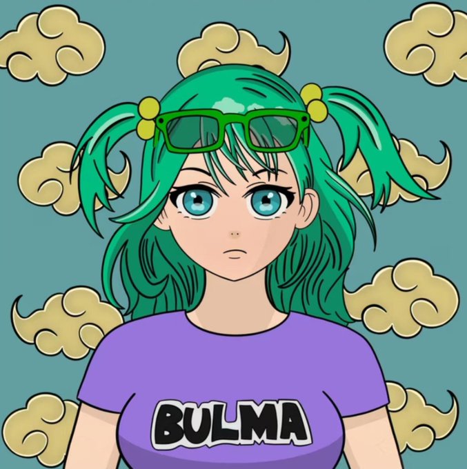 Anime-style illustration of a girl with green twin-tails hair, blue eyes, sunglasses on her head, and a purple shirt reading "BULMA", set against a teal background with yellow clouds.