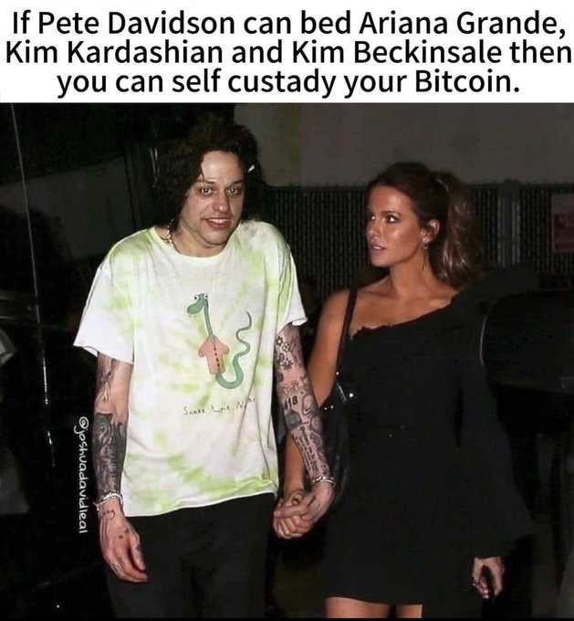 A meme features a photo of Pete Davidson and Kim Kardashian holding hands, with text at the top reading: "If Pete Davidson can bed Ariana Grande, Kim Kardashian and Kim Beckinsale then you can self custody your Bitcoin." The watermark "@psychowithai" is visible on the left side.