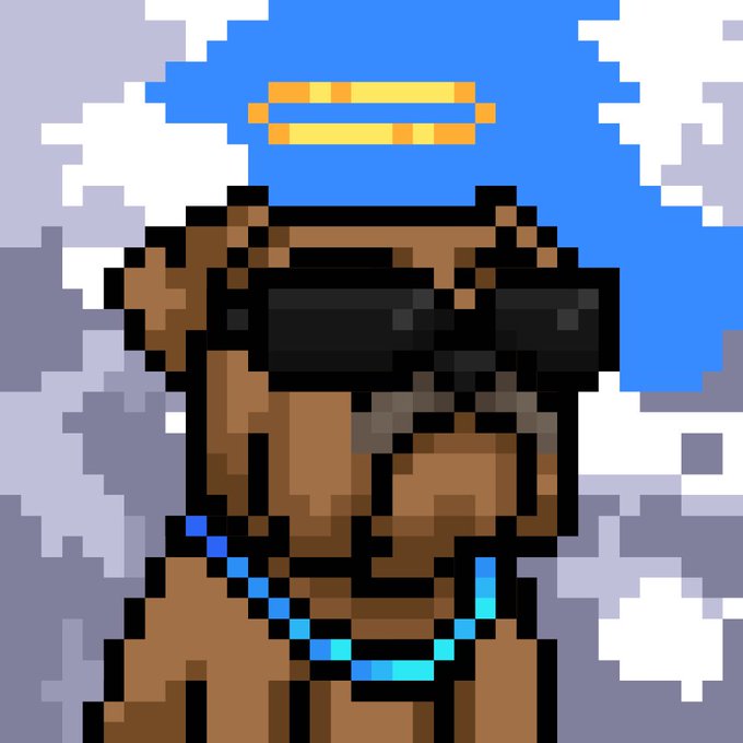 A pixel art portrait of a person with dark skin wearing black sunglasses, a blue beaded necklace, and a blue hood or hat adorned with two yellow rectangular details.