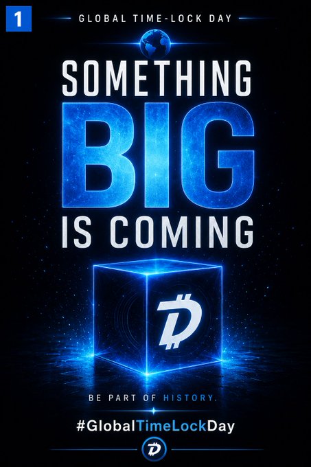 A promotional graphic for Global Time-Lock Day featuring the text 'SOMETHING BIG IS COMING' and 'BE PART OF HISTORY.' with the hashtag #GlobalTimeLockDay and the Digibyte logo on a glowing blue cube.