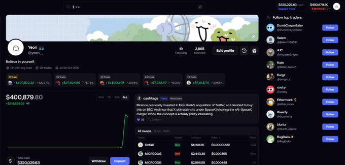 The image shows a Robinhood portfolio dashboard for user "Yoan" (@yoan___), displaying a total portfolio value of $400,879.80 with recent gains of +$24,835.03 (+6.64%), alongside top holdings including $BTC (+26.27%), $ETH (+15.79%), $SOL (+28.06%), $TON (+44.23%), and $S (+99.05%). This visual corresponds with the trading recap post, which references the ~$400K–$500K profit figure and highlights a Cashtag tweet thread embedded in the dashboard discussing a $1 trillion Musk acquisition Twitter/SpaceX-related concept trade.