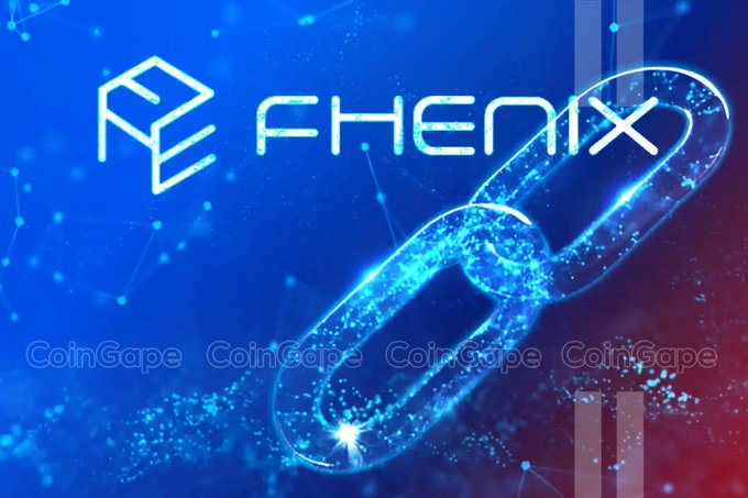 A glowing blue digital graphic featuring the 'FHENIX' logo alongside a chain link symbol, watermarked with 'CoinGape' repeated across the image.