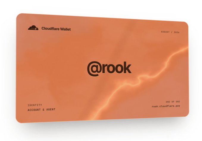 An orange Cloudflare Wallet card displays the handle '@rook', labeled 'IDENTITY ACCOUNT & AGENT' with the website 'rook.cloudflare.pay' and a date of 'AUGUST / 2026'.