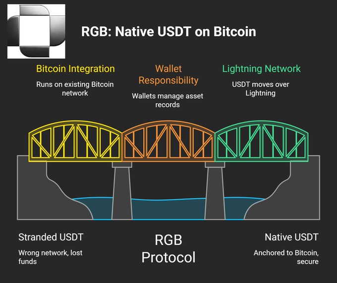 An infographic titled 'RGB: Native USDT on Bitcoin' uses a bridge metaphor to compare three states: 'Stranded USDT', 'RGB Protocol', and 'Native USDT', with colored sections explaining Bitcoin Integration, Wallet Responsibility, and Lightning Network.
