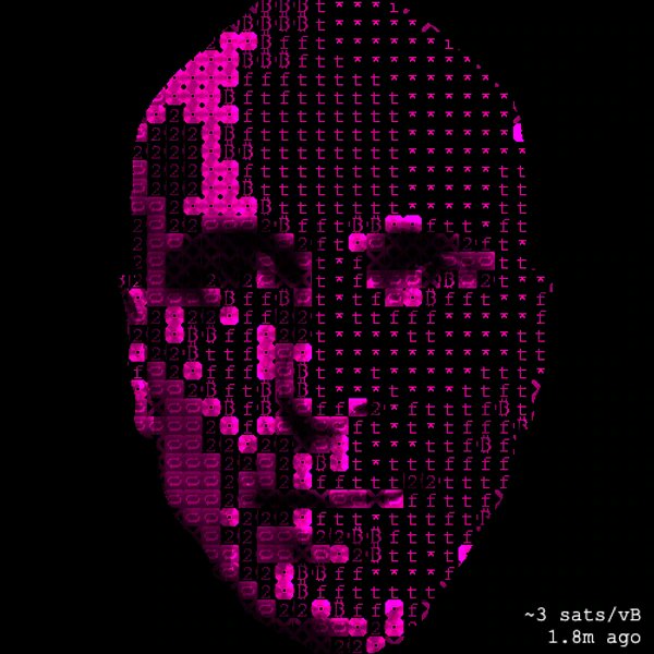 A pink and black pixelated portrait of a face made from ASCII characters and numbers, with text at the bottom reading '~3 sats/vB, 1.8m ago' suggesting a Bitcoin-related context.