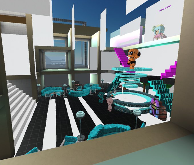 A Minecraft-style voxel art scene featuring a large open room with black and white striped flooring, cyan seating arrangements, purple staircases, and pixel art character sprites displayed on the walls.