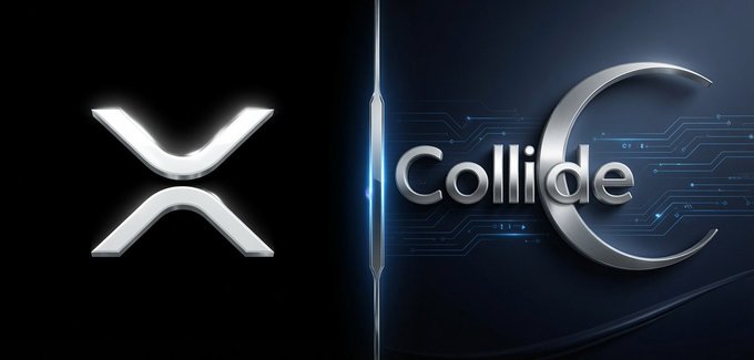 A promotional graphic split down the middle, displaying a silver 3D 'X' logo for XRP on the left and the 'Collide' logo with digital circuitry on the right.