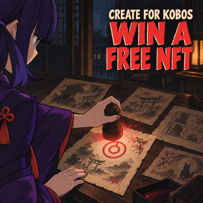 An anime-style girl with purple hair stamps red seals on traditional Japanese artwork at a dimly lit desk, with bold text reading "CREATE FOR KOBOS — WIN A FREE NFT" promoting a contest for 33 selected creators to receive a free KOBOS NFT by producing original content.