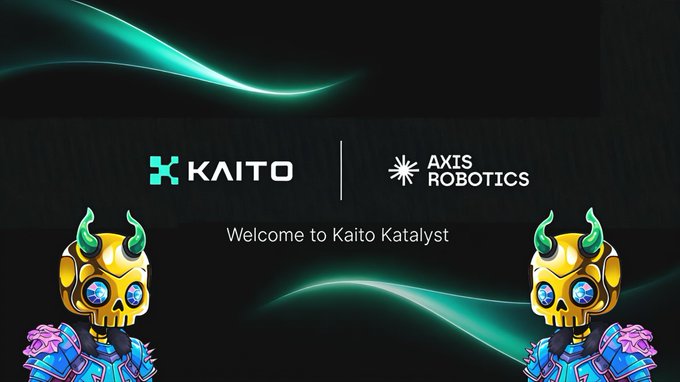 The image features two golden, horned robot mascots flanking the logos for "Kaito" and "Axis Robotics," with the text "Welcome to Kaito Katalyst" displayed against a dark background with teal light streaks. This visual reinforces the post's point about AI's shift into the physical realm—highlighting that while software-based AI dominates discourse, robotics and companies like Axis Robotics represent the underexplored frontier of embodied AI struggling to acquire real-world training data.