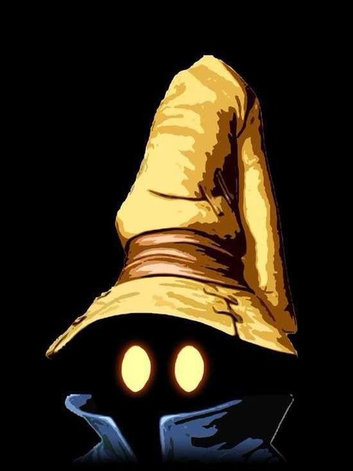 A digital illustration of the Final Fantasy Black Mage character, featuring a large pointed yellow hat, glowing yellow eyes, and dark blue robes against a black background.