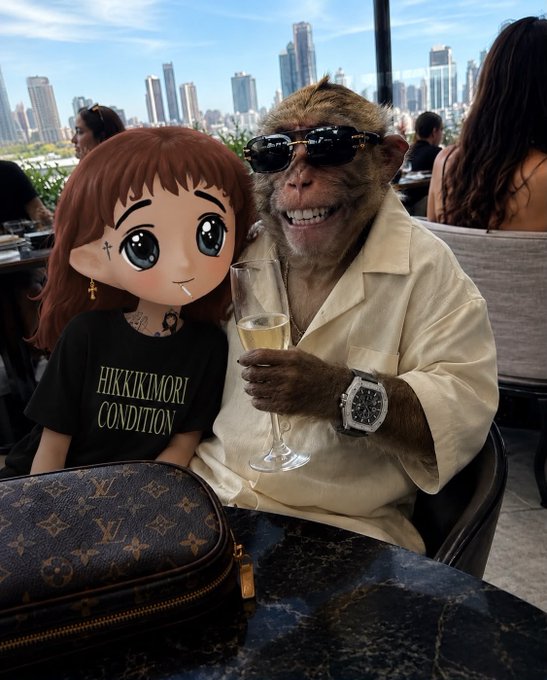 A digitally manipulated image showing a monkey wearing sunglasses, a beige shirt, and a luxury watch, holding a champagne flute next to an anime-style figure wearing a 'HIKKIKIMORI CONDITION' shirt.