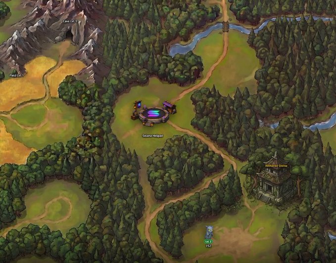 A fantasy map showing a "Solana Helipad" with a colorful portal structure, a "Watcher Shrine" temple, and a level 3 character (142 XP), illustrating the Solana gaming ecosystem being developed by PawtatoFinance in a role-playing game setting.