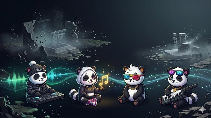 A creative illustration showing four panda characters in various outfits (wearing a beanie, sunglasses, and heart-shaped glasses) appearing as a band with instruments against a dark, atmospheric background with audio waveforms