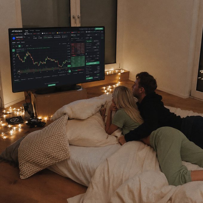 A couple lies on a bed watching a financial trading chart displayed on a large monitor labeled 'Monaco' showing Fantom (FTM) crypto data.